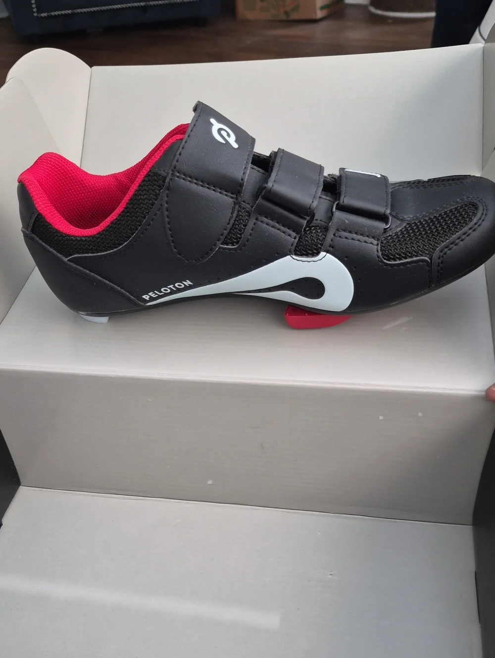 Peloton Women’s Black Cycling Shoe with Red Interior and White Accent